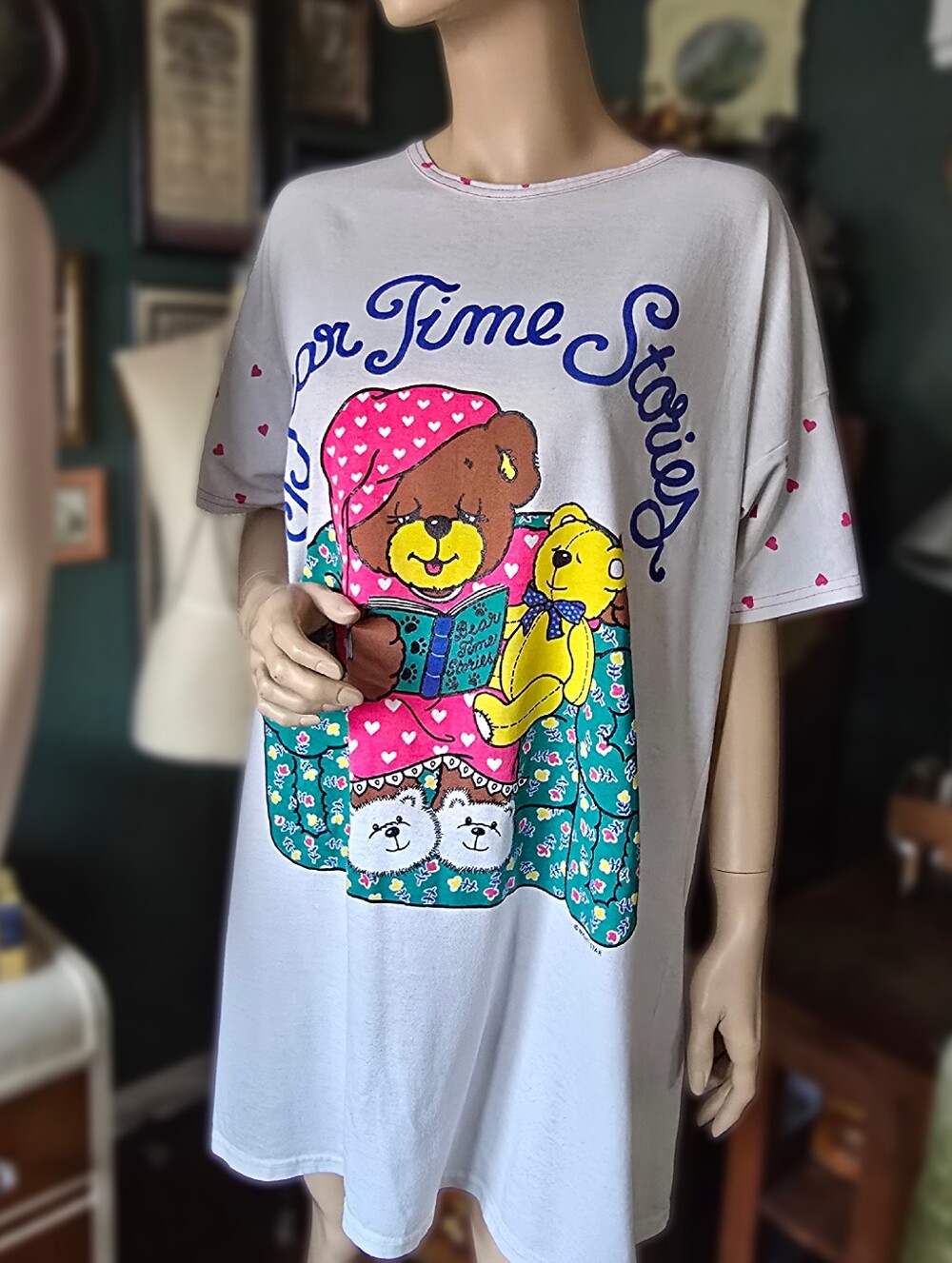 Vintage 1980s Graphic Sleep Shirt Bear Time Stories By Night Star Adult OS